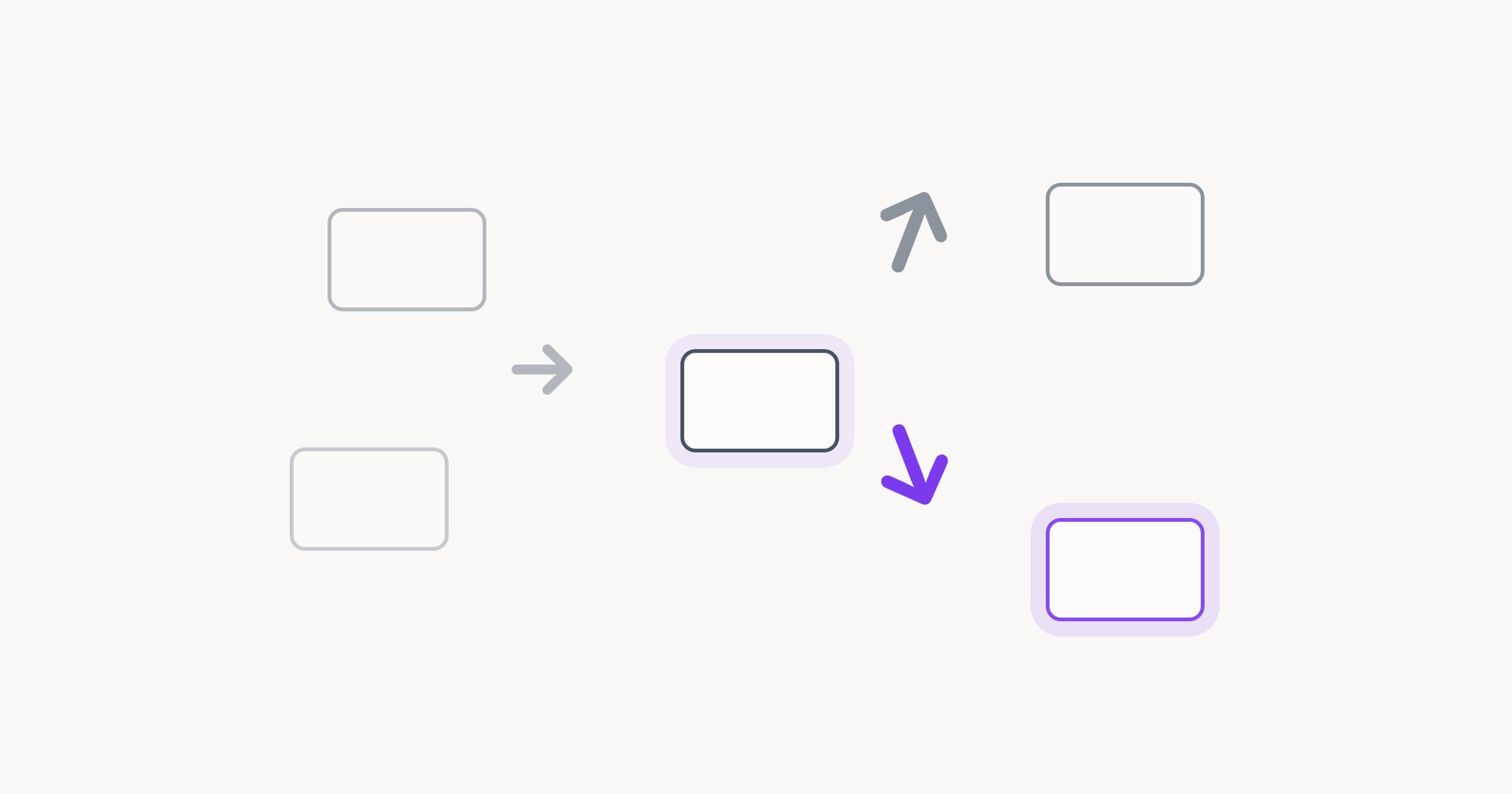 Abstract divergence motif: two paper-toned arrows from one point, one bending up, one bending down, in ink and violet.