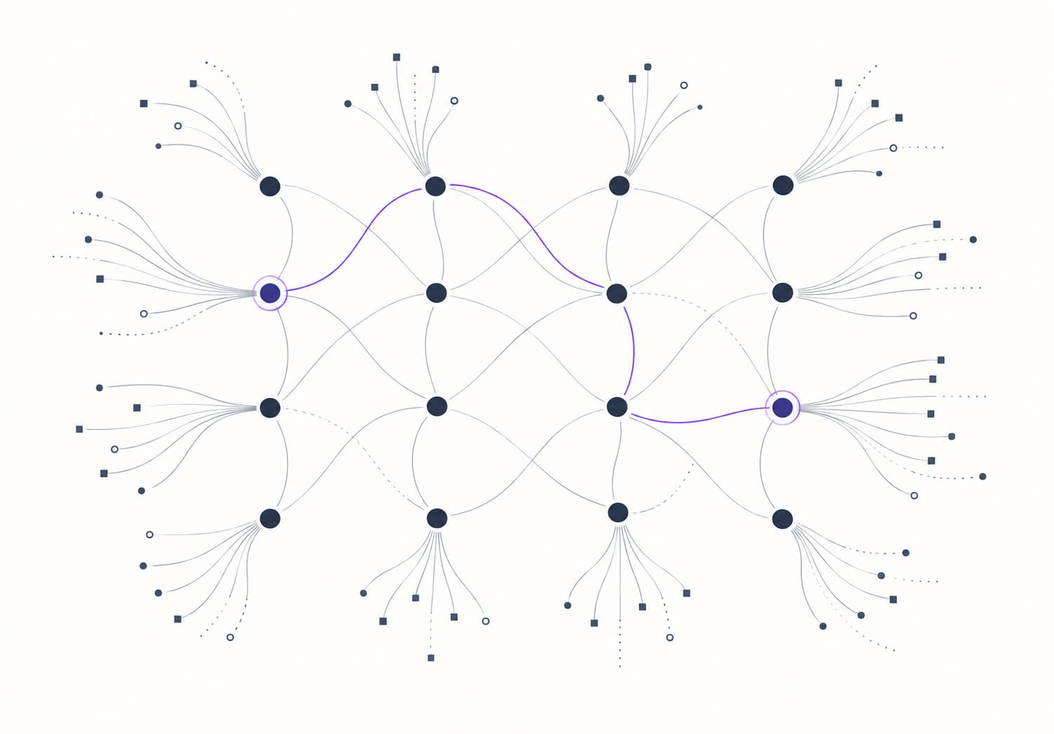 An abstract network of consumer-crypto product nodes branching into observed, interrupted, and unresolved public surfaces